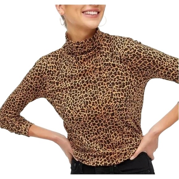 NWOT J.Crew Brown Leopard Print Turtleneck Blouse 2XL Long Sleeve Top Casual - Picture 3 of 7